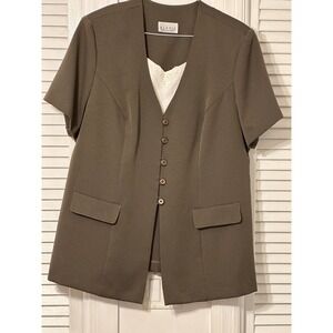 Alesia Int'l Women's Short Sleeve Brown/Green Blazer, Dickey/Shoulder Pads ~ 2X